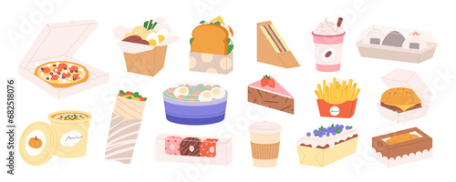 Food and coffee to go. Sandwiches and salads, takeaway pizza and sushi. Take out meal carton or paper and plastic packs and containers, racy vector set