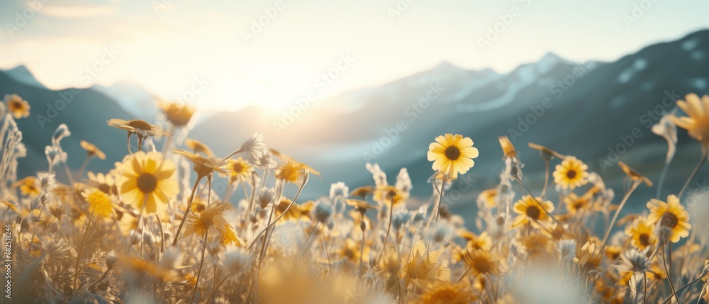 Yellow flowers in front of majestic mountains