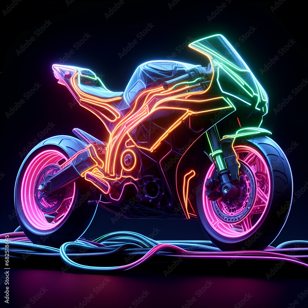 3d Neon superbike isolated on black background