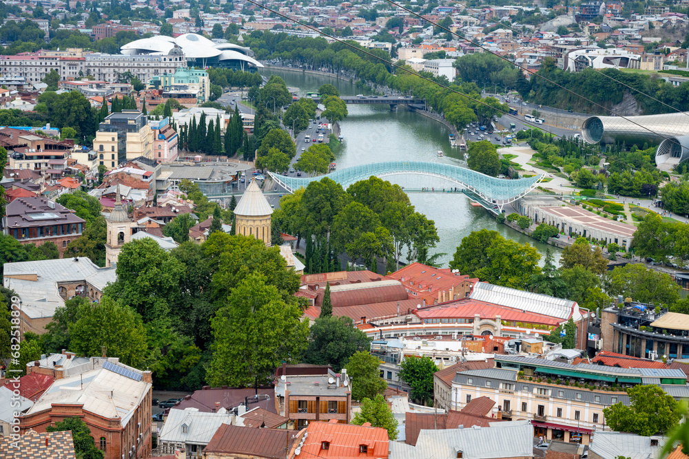 The Kura river, The Bridge of Peace, the cathedral, churches and the magnificent view of Tbilisi city from the cable car.