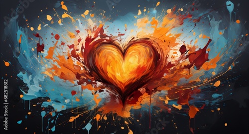 Abstract love in the shape of a heart, strokes of warm fiery colors on a contrasting blue-gray background. Concept: passion and emotion through bright splashes and rich textures and creativity, romanc photo