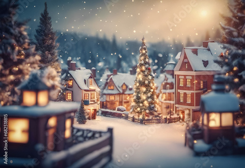 A picture with a Christmas atmosphere with snow, houses and pine trees.