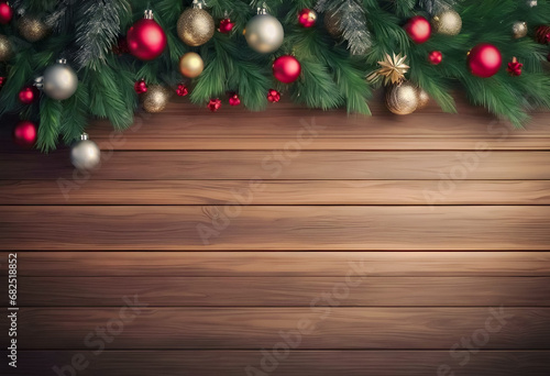 Christmas-themed image with a brown wooden background, pine branches, red, silver and golden ornaments.