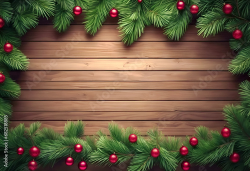 A picture with a Christmas atmosphere with a brown wooden background, pine branches and red ornaments.