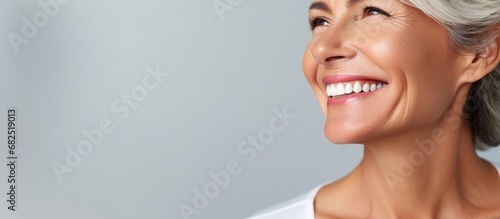 In a studio shot, a cropped image captures a middle-aged woman with a mature smile, highlighting her dental wellbeing and the importance of dental care, hygiene, and health. With selective focus on