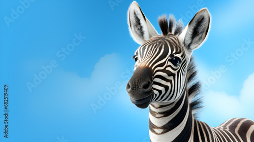 Baby zebra face on blue background   lose up