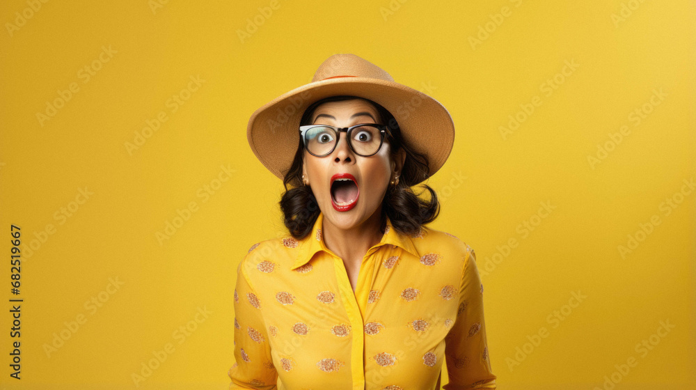 Beautiful young woman wearing yellow beret and glasses with surprise happy expression. Beautiful young woman wearing yellow beret and glasses with surprise happy expression.