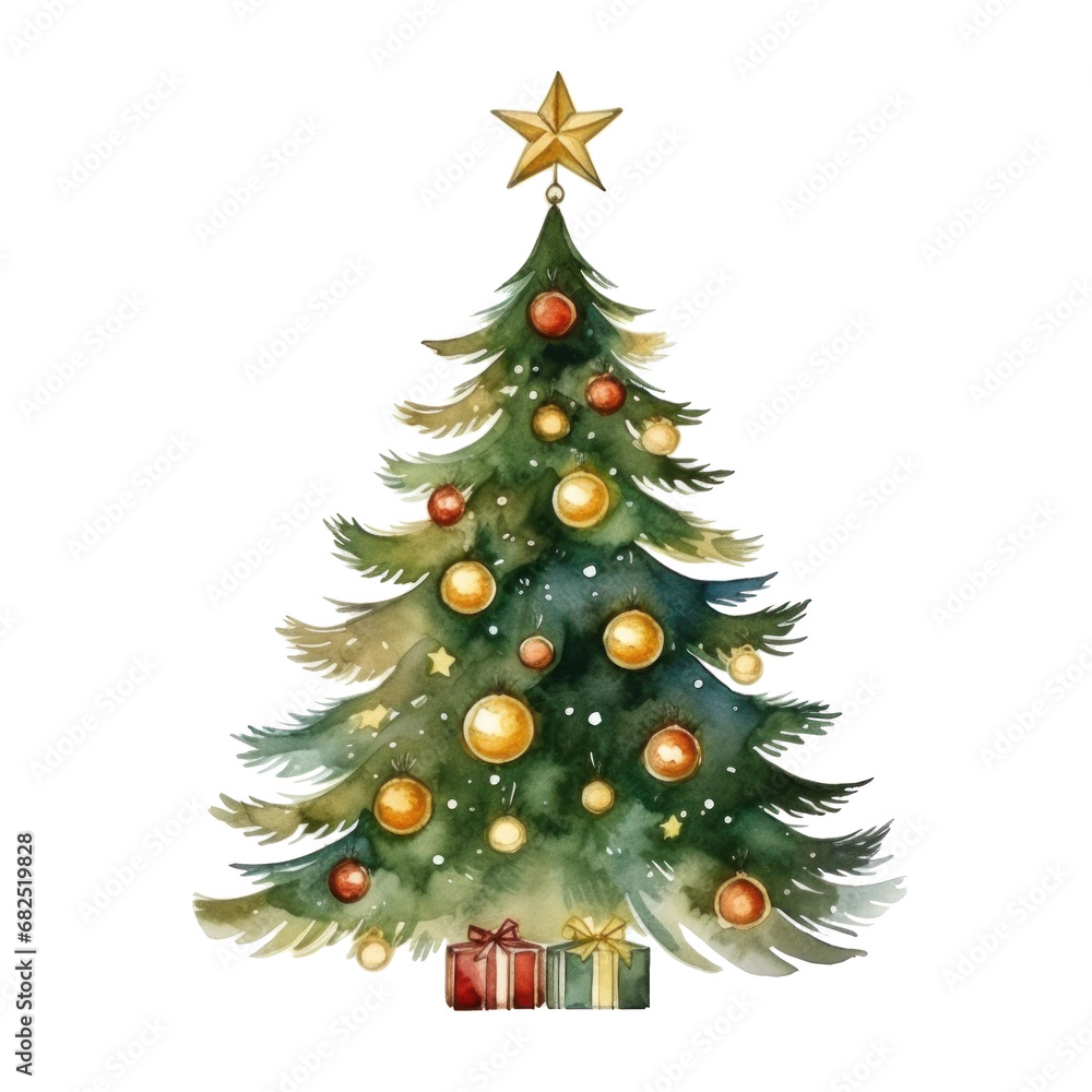 Watercolor illustrations of Christmas tree with decorations. isolated