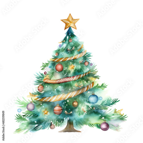 A watercolor illustration of a Christmas tree decorated with ornaments and lights. solated