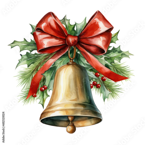 A watercolor illustration of a Christmas bell with a red ribbon. isolated