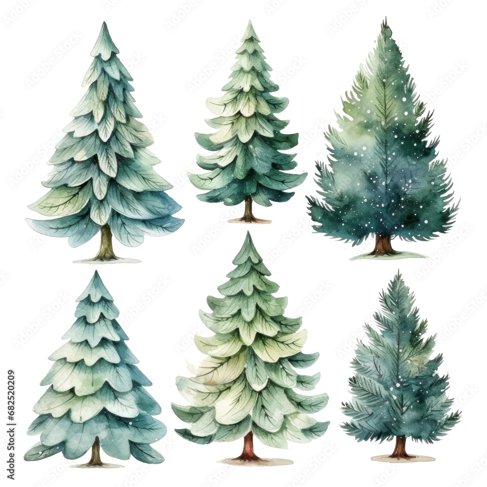 Watercolor illustrations of Christmas tree with decorations. isolated.