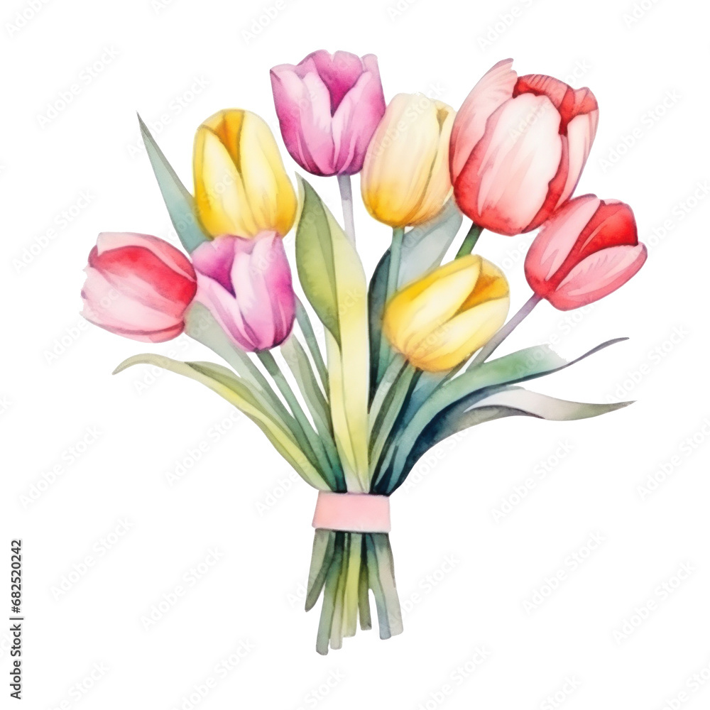 Fototapeta premium watercolor cartoon tulip flowers bouquet isolated