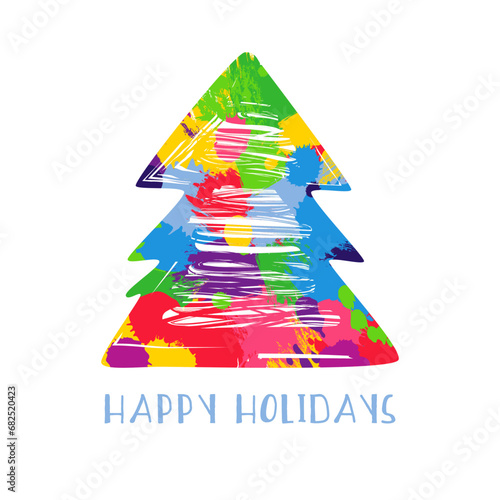 Christmas card. Colorful design. Bright arts style X mas tree. Holiday element. Postcard template. Cute modern concept. Merry X-mas and a Happy New Year greetings. Internet icon. Social media poster.