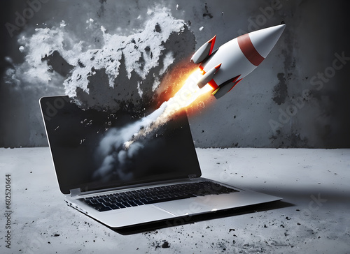 rakete, laptop, explosion, Neustart, modern, beton,  photo