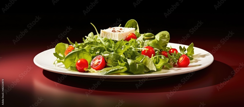 In the white-themed restaurant, a delectable plate of healthy cuisine was elegantly presented on the table, adorned with a vibrant green salad, red tomatoes, and creamy cheese, transforming it into an In the white-themed restaurant, a delectable plate of healthy cuisine was elegantly presented on the table, adorned with a vibrant green salad, red tomatoes, and creamy cheese, transforming it into an