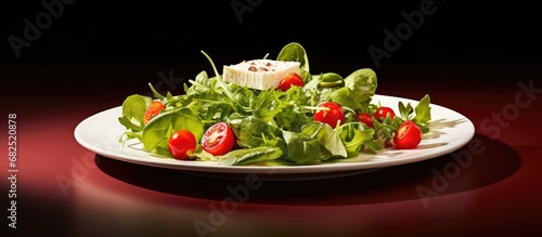 In the white-themed restaurant  a delectable plate of healthy cuisine was elegantly presented on the table  adorned with a vibrant green salad  red tomatoes  and creamy cheese  transforming it into an