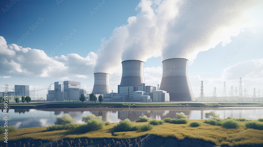 a nuclear power plant, showcasing its architectural features, cooling towers, and surrounding landscape, the industrial scale and technological complexity.