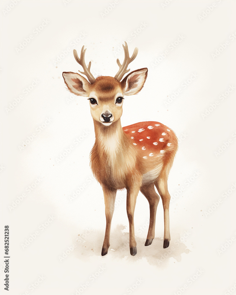 Fototapeta premium Reindeer in Red - Vintage Christmas Woodland Reindeer Art Template for Postcards, Holiday Cards, and Prints - on White and Cream Background in Vertical Layout Illustration