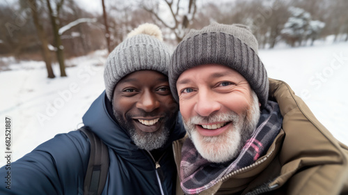 LGBT Winter Delight: Happy Selfie of Mature Gay Interracial Couple in Snowy Scene, Winter Fashion, Smiling Faces, Celebrating Love and Freedom © raulince