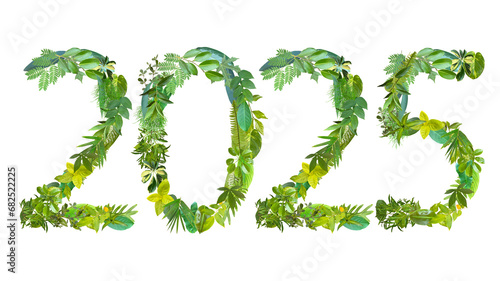 2025, year theme design made from various kinds of leaves isolated on transparent background, PNG, suitable for template design