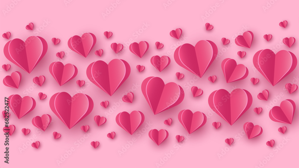 Paper cut elements in shape of heart on pink background. Symbols of love for Valentine’s Day, Mother’s Day and Women’s Day. Vector illustration