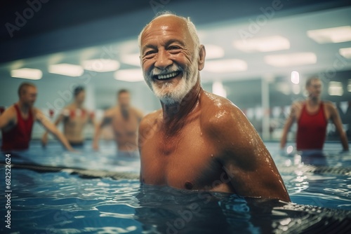 An old man fitness in the pool at a group workout, happy old people in a nursing home.