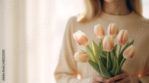 Tulips bouquet in woman hands. Beautiful spring pink flowers. Springtime blossom  tulips bunch. Sunny mood. Happy girl  holiday gift. Romantic surprise. Floral background. Generated AI