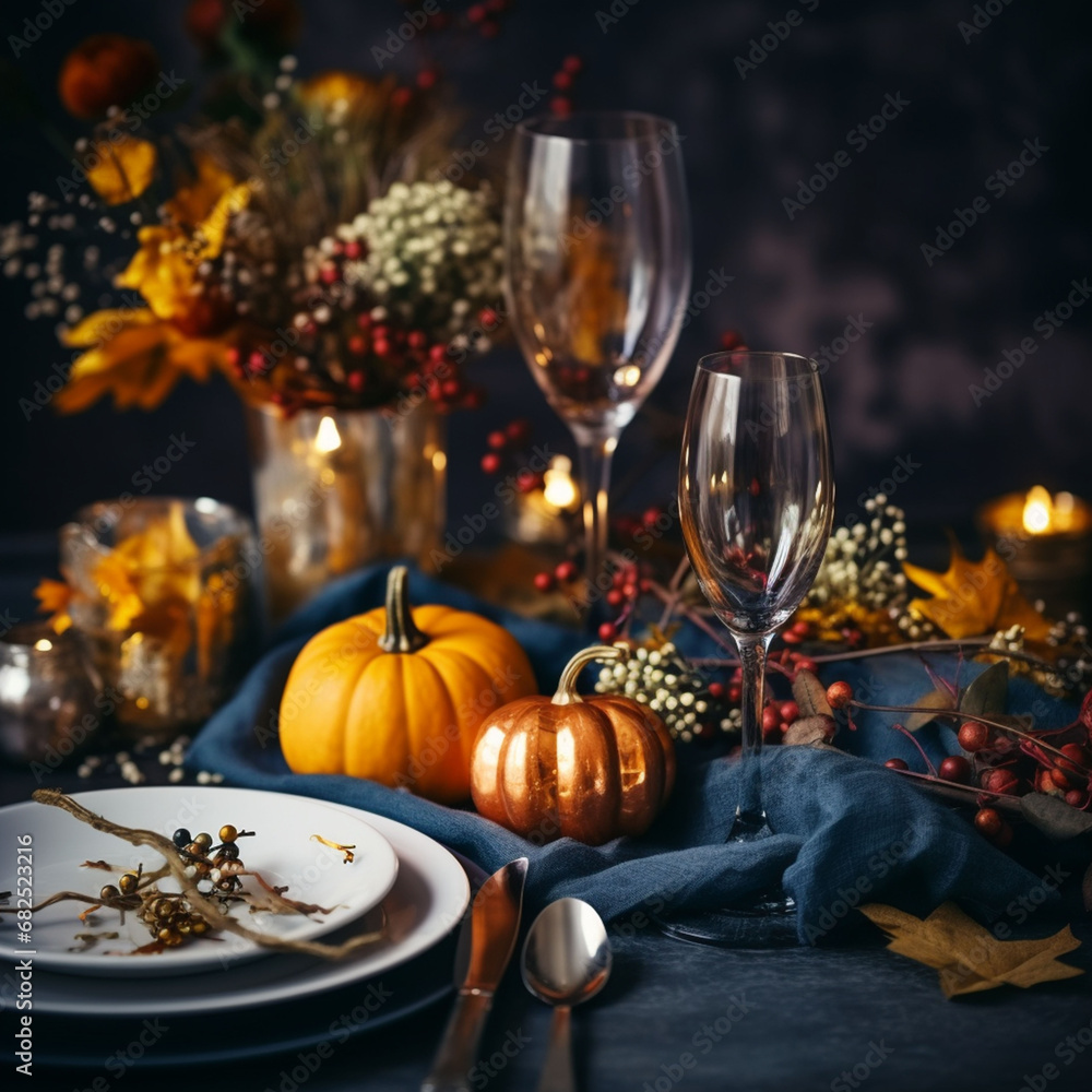 Ai generated. Ai generate .Autumn table setting with pumpkins and flowers, selective focus.Autumn table setting with pumpkins, leaves and berries on wooden background