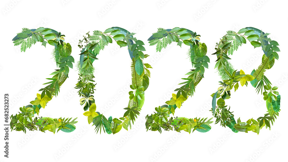 2028, year theme design made from various kinds of leaves isolated on transparent background, PNG, suitable for template design 2028, year theme design made from various kinds of leaves isolated on transparent background, PNG, suitable for template design