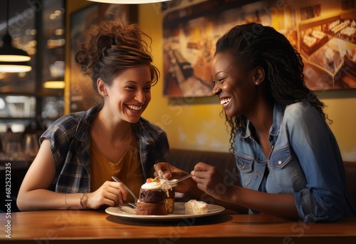 Young women enjoying eating at restaurant. Generative AI