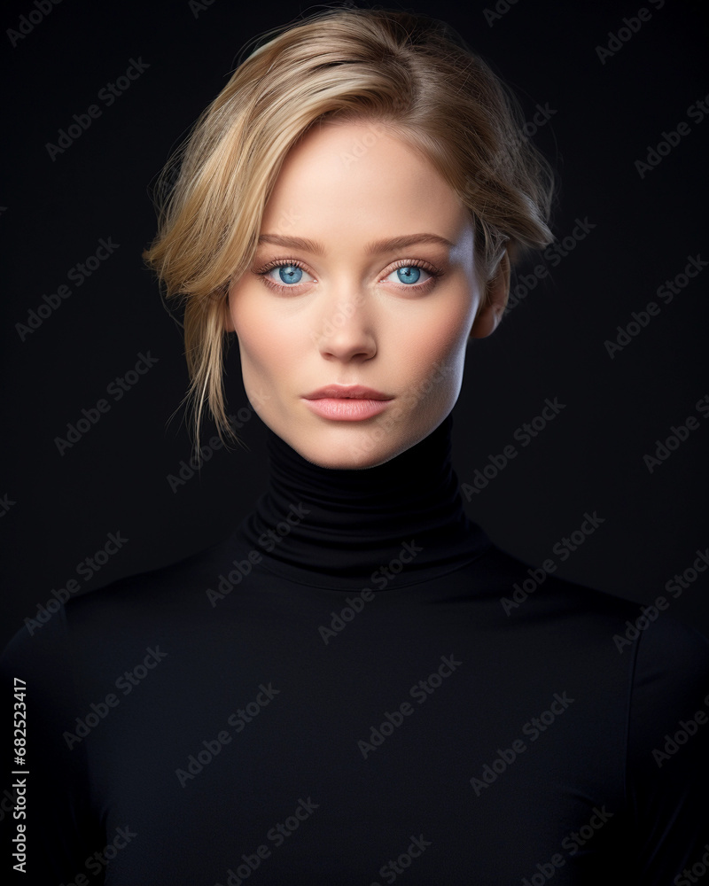 Classic studio portrait of a woman, black turtleneck, striking blue eyes, softbox lighting Classic studio portrait of a woman, black turtleneck, striking blue eyes, softbox lighting