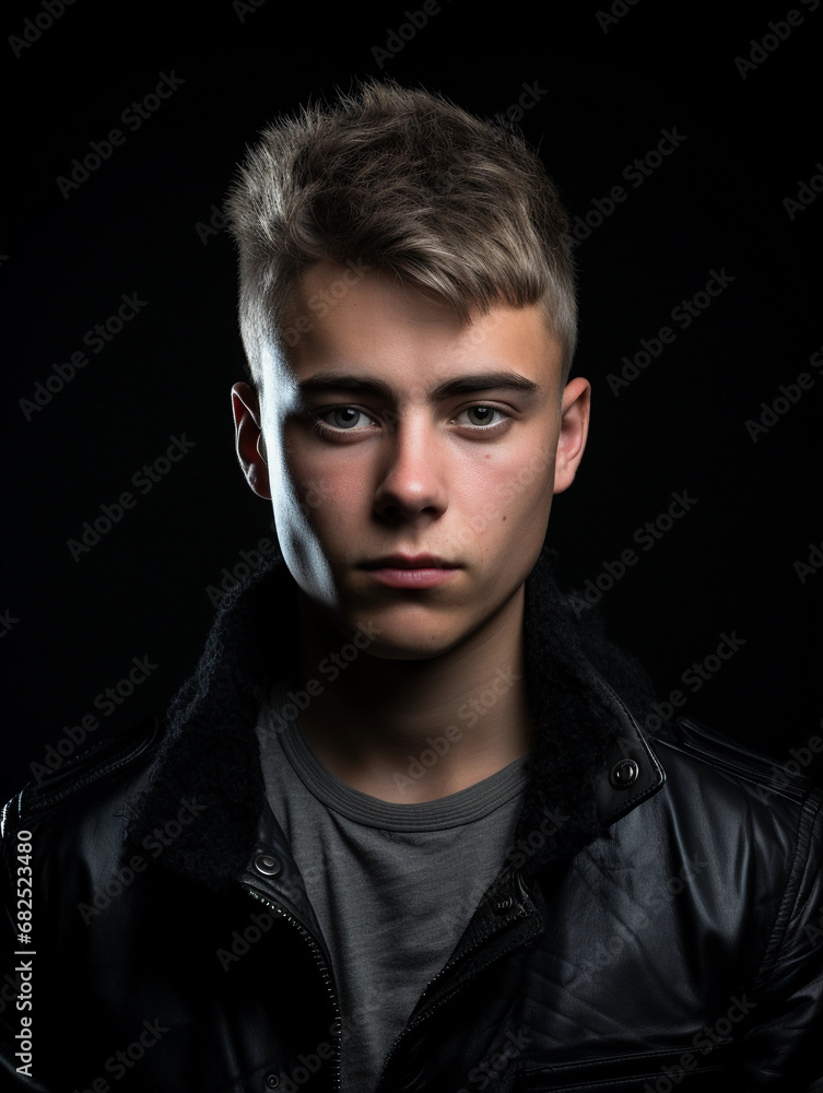 Obraz premium Contemporary studio portrait, young man with an edgy haircut, dramatic side lighting, moody expression