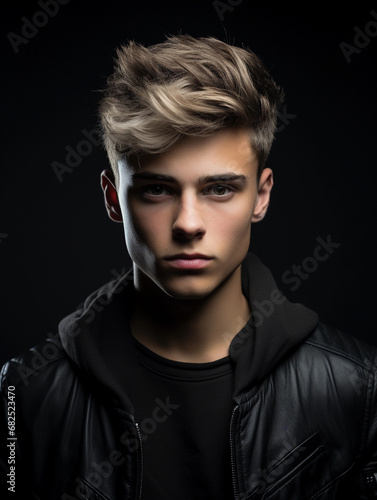 Contemporary studio portrait, young man with an edgy haircut, dramatic side lighting, moody expression