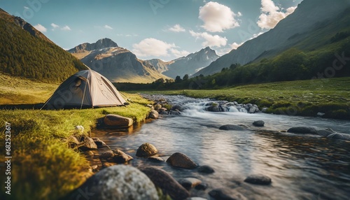 Amazing mountain landscape: Tent on the shore. small river meanders through green valley. sunny day with blue sky and clouds. travel and concept. ai generated. 