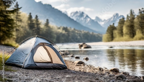 Amazing mountain landscape: tent on the shore. small river meanders through the valley. sunny day perfect for hiking and exploring nature. travel and nature concept. ai generated. 