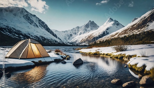 Amazing mountain landscape: tent on the shore. small river meanders through the valley. sunny day perfect for hiking and exploring nature. travel and nature concept. blurred foreground. ai generated. 