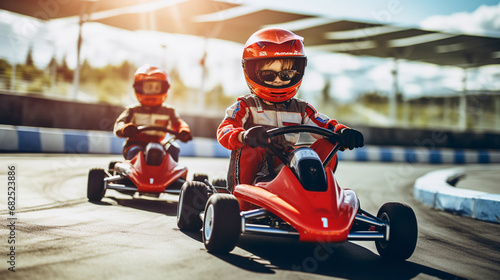 Children racing on kart cars, sunny day. ai generative photo