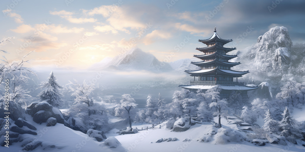 Beautiful winter landscape with an old pagoda in Asian style. ai generative - obrazy, fototapety, plakaty 