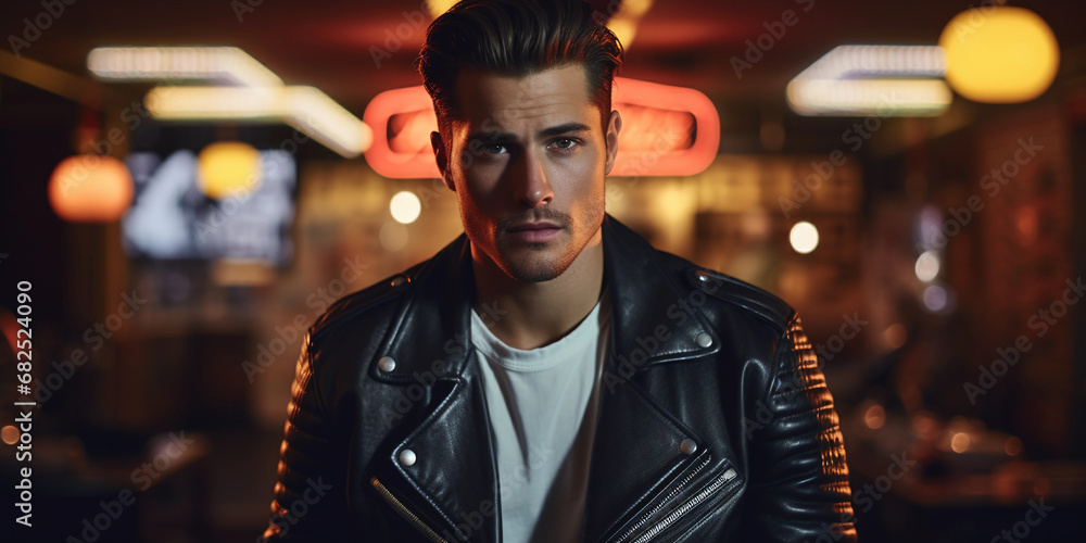 Retro-inspired studio portrait of a man in a leather jacket, classic ...
