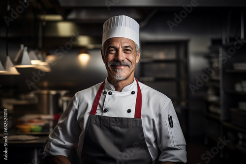 Professional chef portrait in a high-end kitchen, stainless steel appliances
