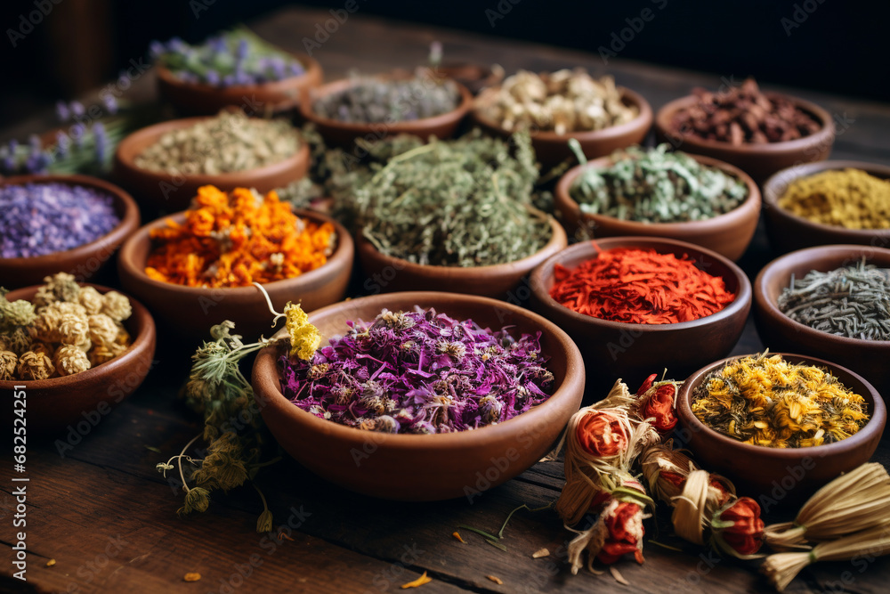 Assortment of colorful medicinal herbs lying on a wooden table. ai generative