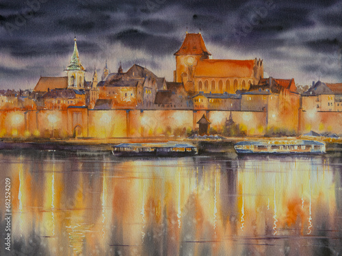 Beautiful urban night landscape. The old buildings of the Polish city of Torun on the Vistula River. Watercolors painting. photo