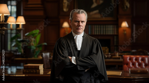 Stately judicial portrait, courtroom setting, judge in black robes, gavel in hand, solemn and just