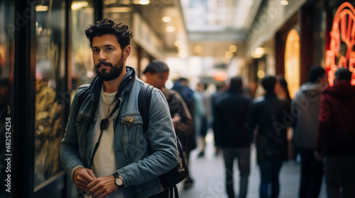 Street photography-style candid portrait, bustling city ambiance, man glancing at his watch