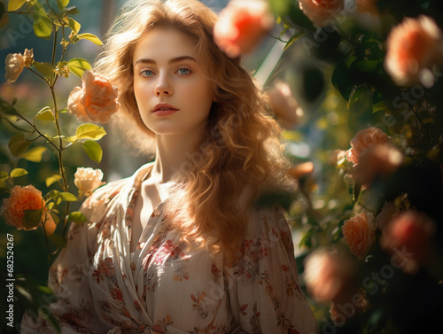Sunlit garden portrait, individual among blooming roses, natural bokeh from sunlight through leaves
