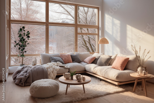 Living room in a minimalist, Scandinavian style featuring a harmonious blend of natural elements, ample light, and soft textures, creating a haven of cozy comfort.