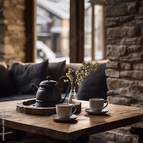 A table in a restaurant with a set for drinking tea after a walk in the snowy mountains, the cafe creates an atmosphere of comfort and luxury.