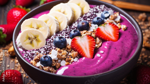 Acai bowl with granola, chia seeds, banana and wild berries for a healthy and satisfying treat. Bright purple acai is framed by crunchy granola and tender chia seeds flavored with notes of the exotic. photo