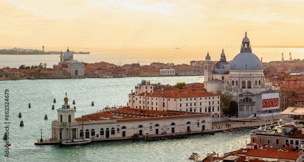 Panoramic view of Grand Canal with gondola and Basilica Santa Maria Della Salute, Venice, Italy