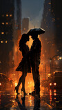  Under the shelter of an umbrella, a couple finds warmth in each other amidst the city's rain-swept streets.